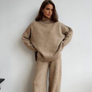 BRAND NEW NWT Commense Plain Turtleneck Knit Pants Outfit Set - Beige Medium